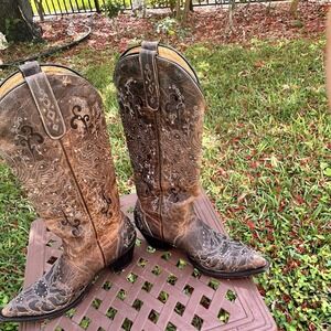Sterling River Western Cowboy Boots Women's 8 Brown Leather Embroider Distressed
